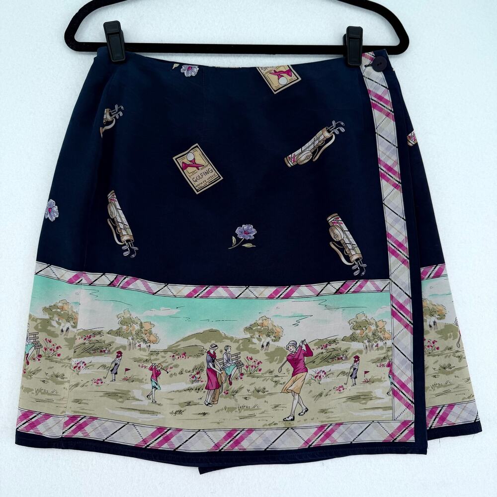 Chelsea Cambell Petites 100% Silk Wrap Skirt  Golf Design Button Closure 12P